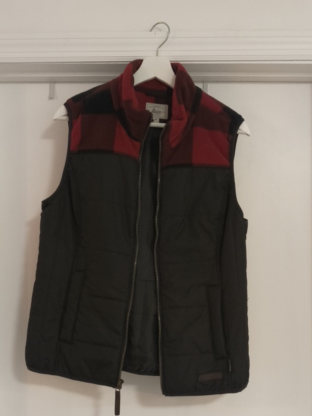 G.H. Bass & Co. Black Quilted Vest with Red Buffalo Plaid Yoke